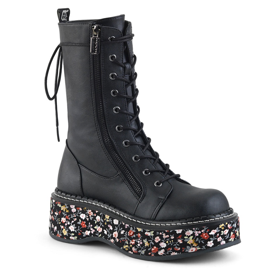 Emily-350 Black Vegan Leather-Floral Fabric Demonia Ireland