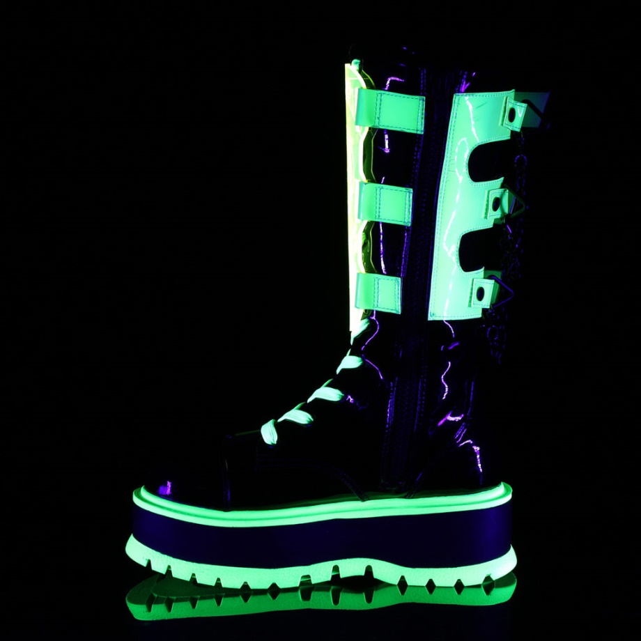 Slacker-156 Demonia Ireland Black Patent-U V Neon Green