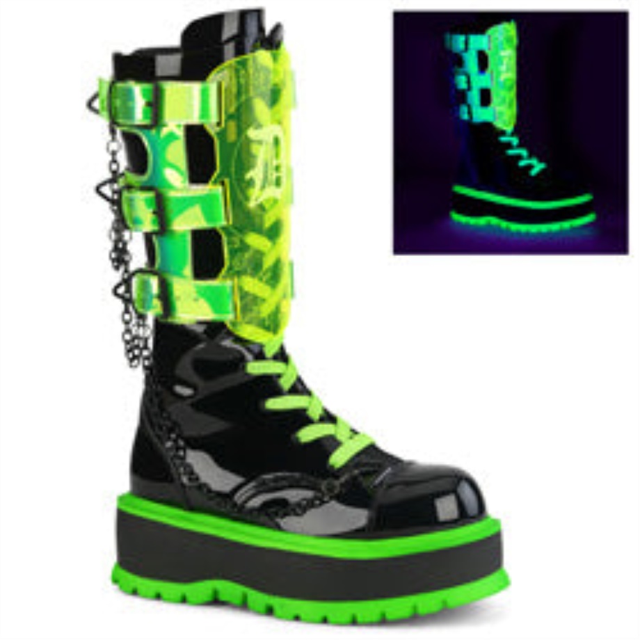 Slacker-156 Demonia Ireland Black Patent-U V Neon Green