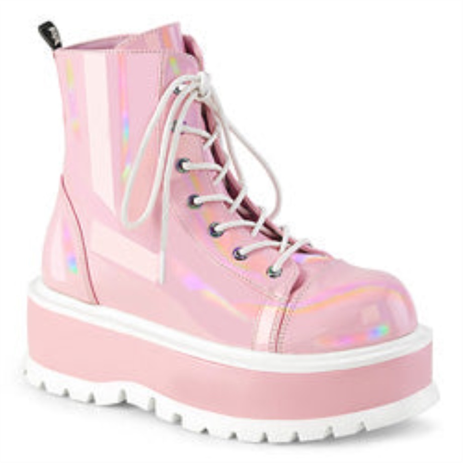 Slacker-55 Baby Pink Holo Patent Demonia Ireland