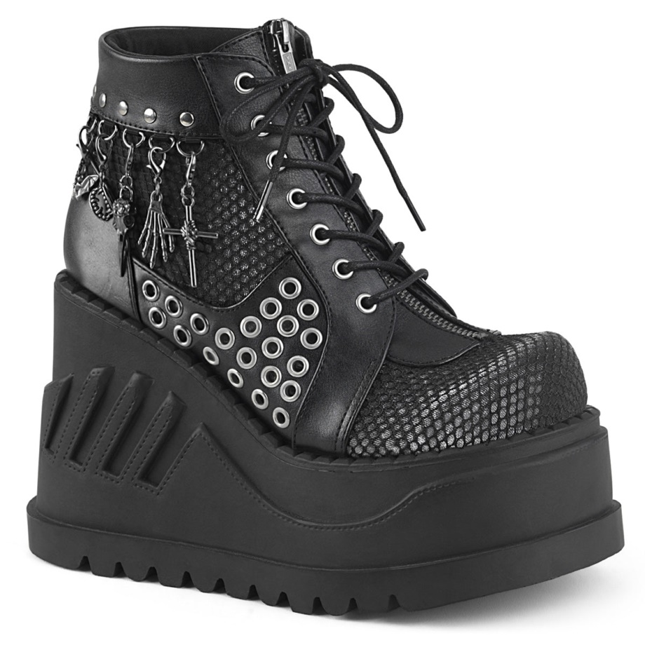Stomp-18 Demonia Ireland Black Vegan Leather-Gray Velvet